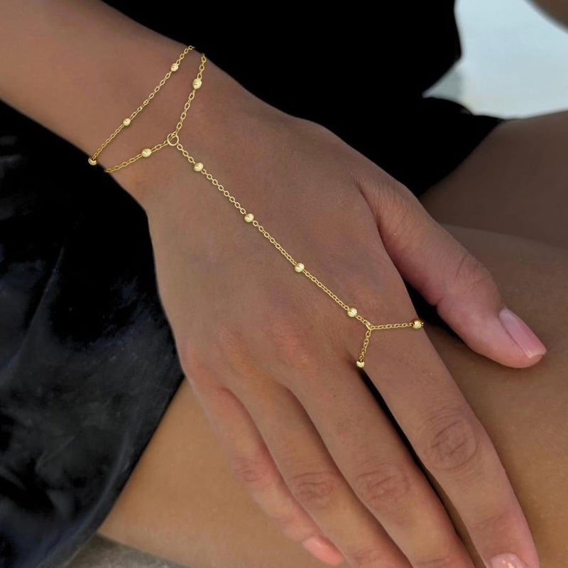 TITUTHIA Gold Bracelets for Women Non Tarnish, Trendy Gold Hand Chain Bracelet Stack 14k Gold Filled Finger Ring Bracelet Hand Chain Layered Beads for Bracelets Set Gold Jewelry Gifts for Women - Image 3