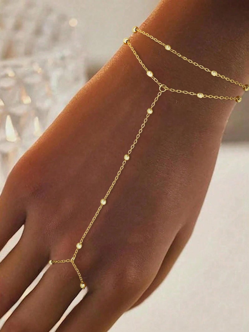 TITUTHIA Gold Bracelets for Women Non Tarnish, Trendy Gold Hand Chain Bracelet Stack 14k Gold Filled Finger Ring Bracelet Hand Chain Layered Beads for Bracelets Set Gold Jewelry Gifts for Women - Image 4