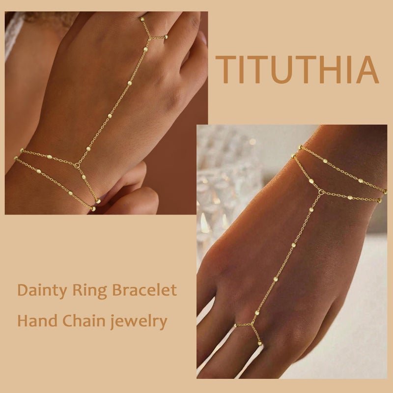 TITUTHIA Gold Bracelets for Women Non Tarnish, Trendy Gold Hand Chain Bracelet Stack 14k Gold Filled Finger Ring Bracelet Hand Chain Layered Beads for Bracelets Set Gold Jewelry Gifts for Women - Image 5