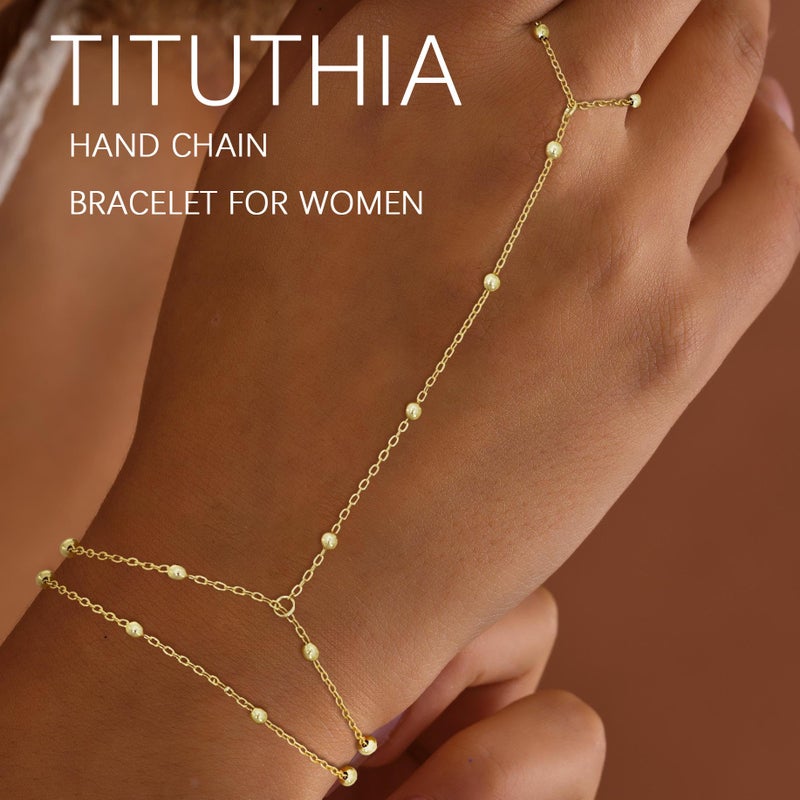 TITUTHIA Gold Bracelets for Women Non Tarnish, Trendy Gold Hand Chain Bracelet Stack 14k Gold Filled Finger Ring Bracelet Hand Chain Layered Beads for Bracelets Set Gold Jewelry Gifts for Women - Image 2