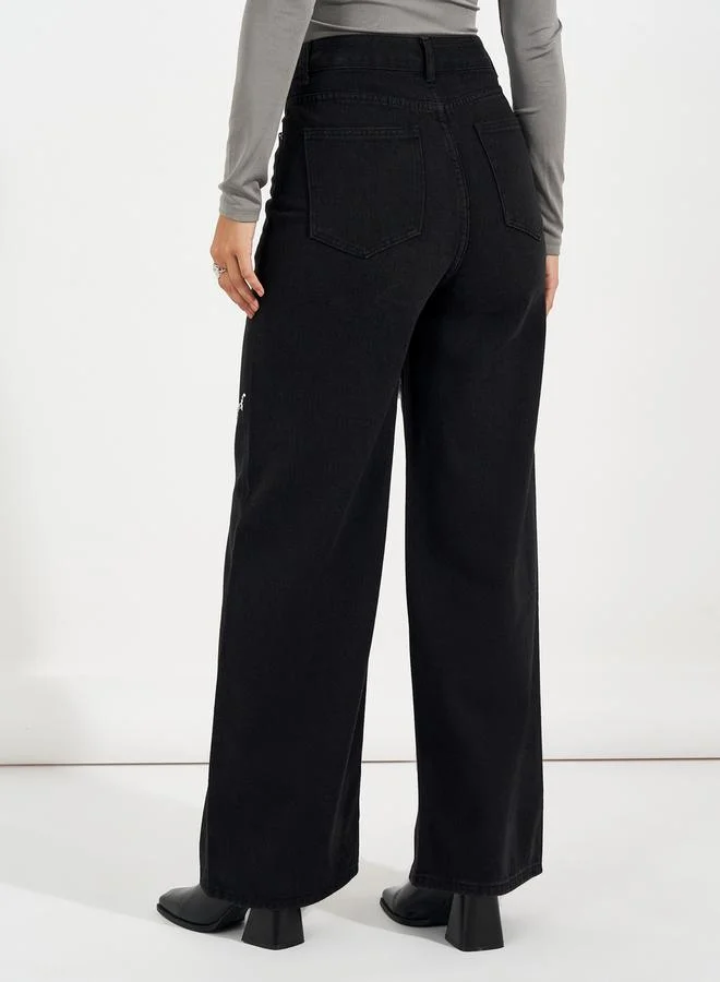 Styli High Rise Rhinestone Detail Wide Leg Jeans