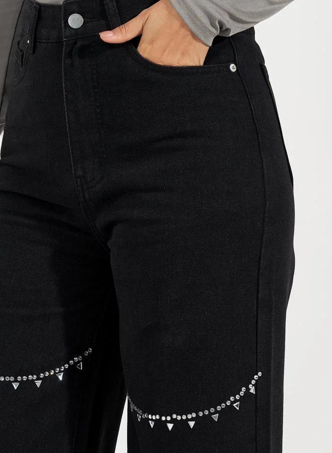Styli High Rise Rhinestone Detail Wide Leg Jeans