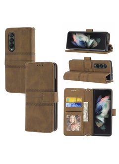 Case Cover For Samsung Galaxy Z Fold 3 5G Embossed Striped Magnetic Buckle PU + TPU Horizontal Flip Phone Leather Case Brown