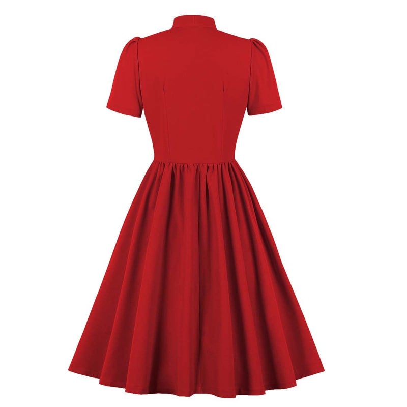 IKADEX Vintage Women 1940s Bow Tie Neck Dress Retro 40s 50s Button Up Business Work A-line Cocktail Dresses Red L - Image 2