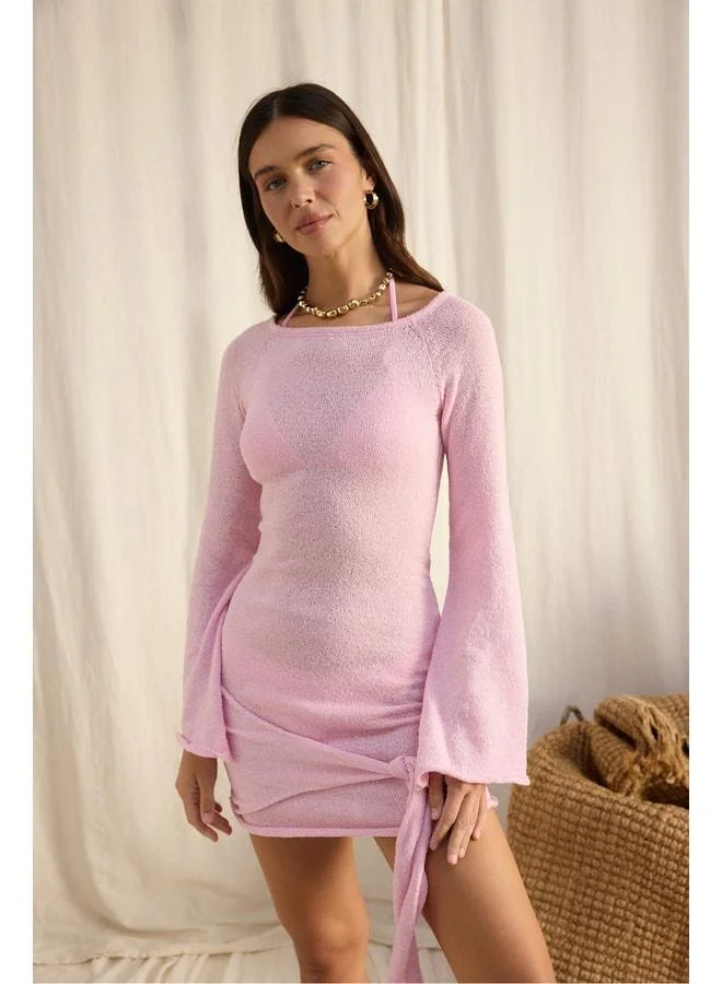 Kawanas Boat Neck Tie-Back Pink Dress.