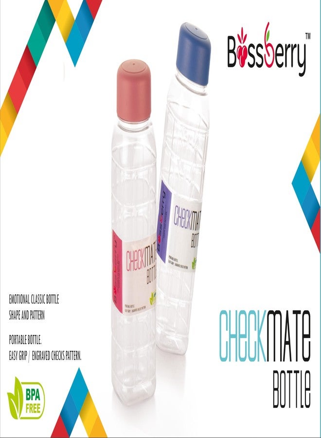 Bossberry Transparent Checkmate Pattern Leakproof Cap PET 600 ml Multicolour Water Bottle for School College Home & Outdoor Set of 2 - Image 3