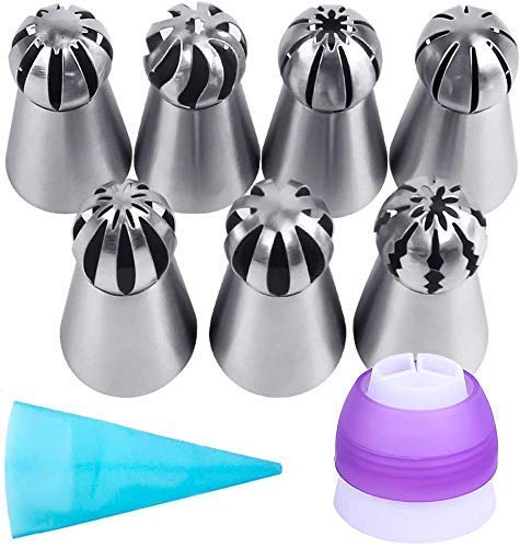 Zollyss 7 Pc Sphere Ball Flowers Russian Nozzles Tips with Icing Piping Bag Pastry Cake Fondant Cupcake Buttercream DIY Baking Decorating Tool Set (Set of 9) - Stainless Steel & Plastic - Image 1