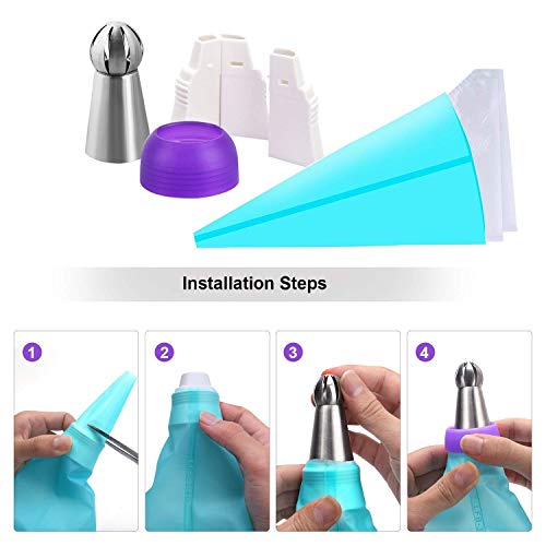 Zollyss 7 Pc Sphere Ball Flowers Russian Nozzles Tips with Icing Piping Bag Pastry Cake Fondant Cupcake Buttercream DIY Baking Decorating Tool Set (Set of 9) - Stainless Steel & Plastic - Image 5