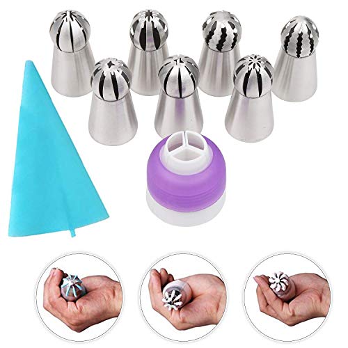 Zollyss 7 Pc Sphere Ball Flowers Russian Nozzles Tips with Icing Piping Bag Pastry Cake Fondant Cupcake Buttercream DIY Baking Decorating Tool Set (Set of 9) - Stainless Steel & Plastic - Image 4