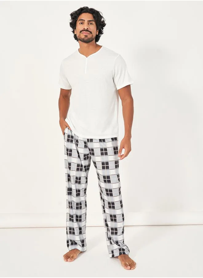 Styli Solid Henley Neck T-Shirt & Checkered Pyjama Set