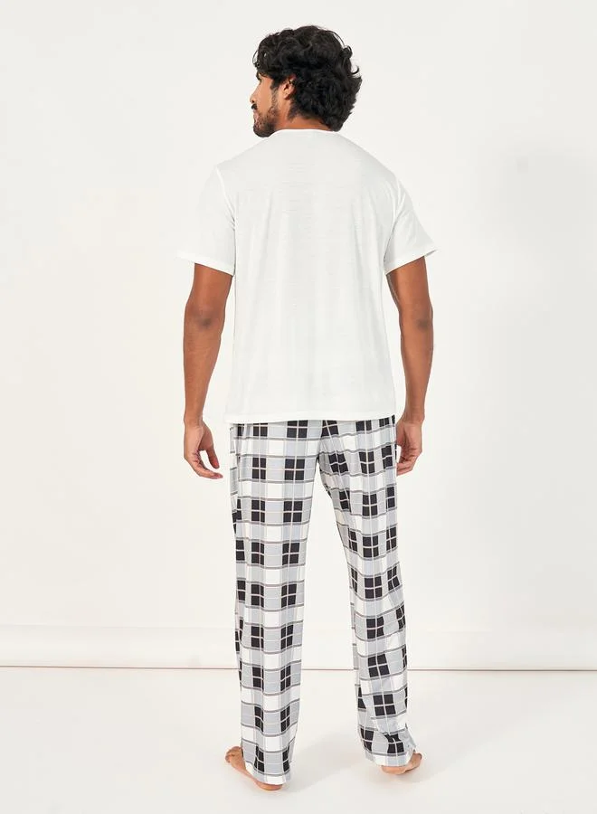 Styli Solid Henley Neck T-Shirt & Checkered Pyjama Set