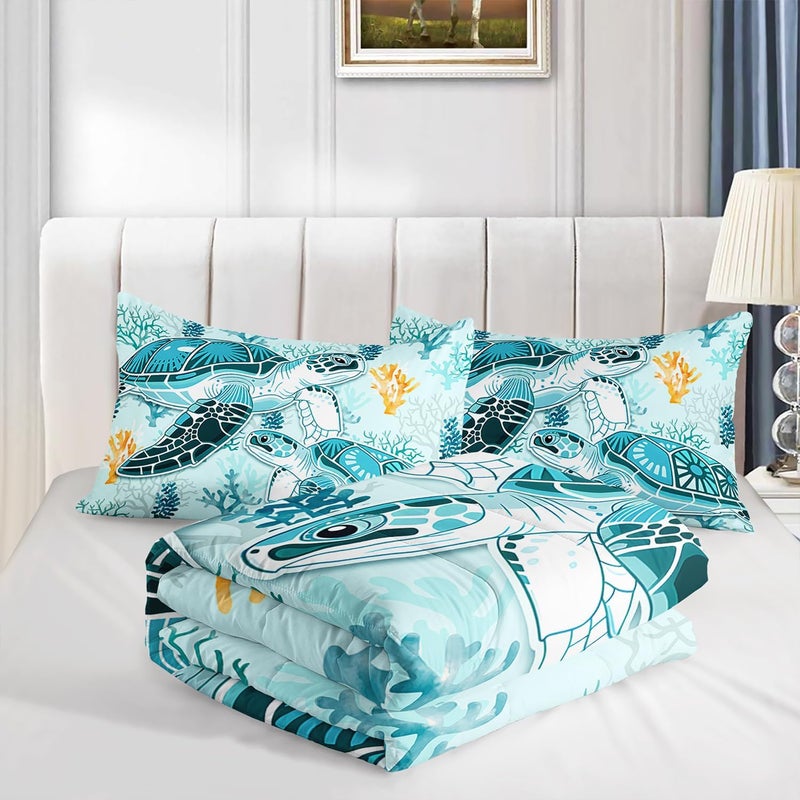HOSIMA Sea Turtle Comforter Set,Coastal Beach Themed Bedroom Comforter Set Queen Size for Kids Teen Girls Boys Room Decor,Turtle Twin Bed in a Bag for Girls with 2 Pillowcases. - Image 5