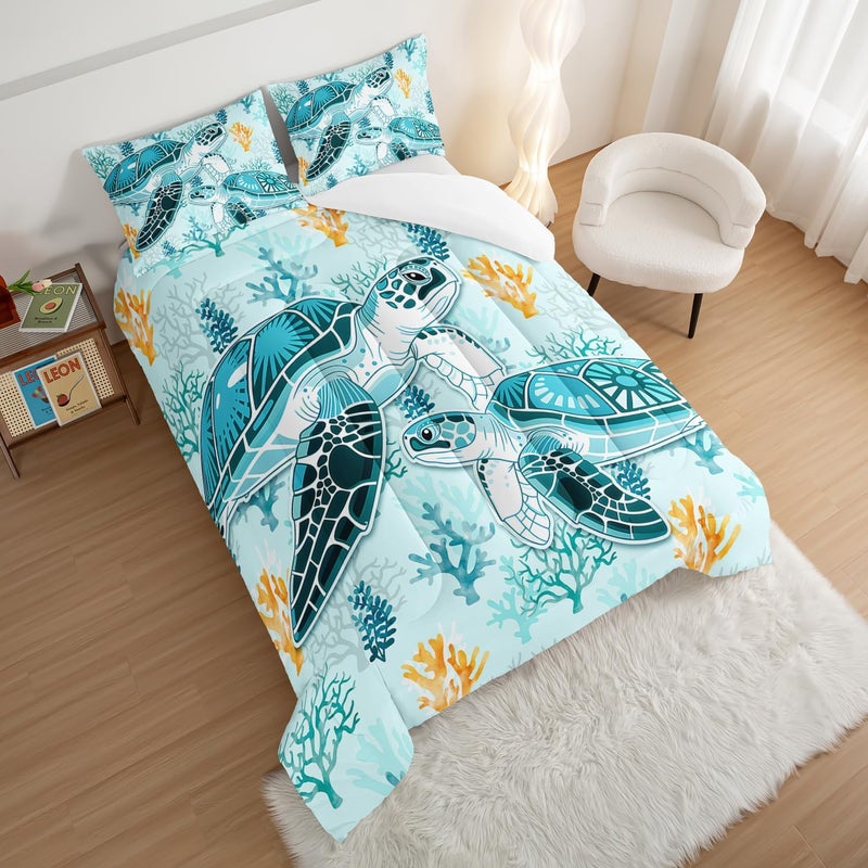 HOSIMA Sea Turtle Comforter Set,Coastal Beach Themed Bedroom Comforter Set Queen Size for Kids Teen Girls Boys Room Decor,Turtle Twin Bed in a Bag for Girls with 2 Pillowcases. - Image 3