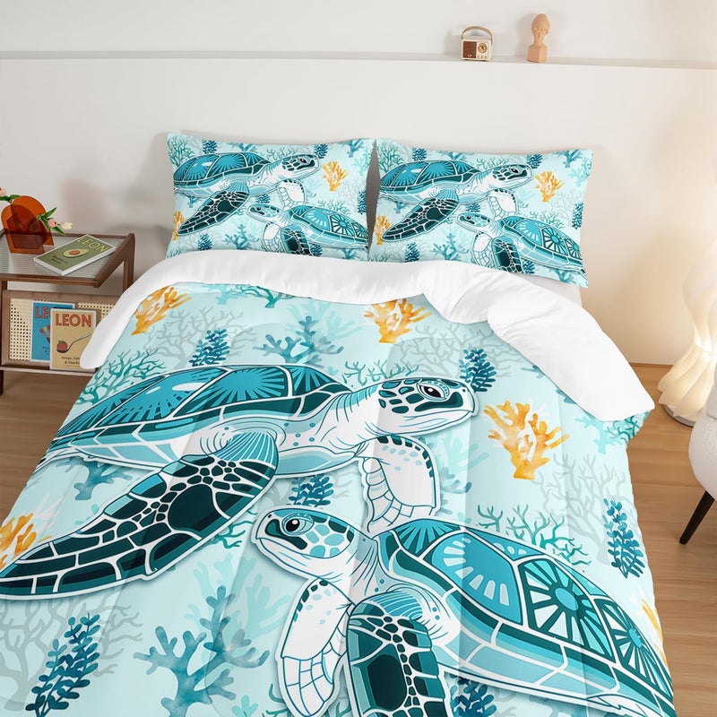 HOSIMA Sea Turtle Comforter Set,Coastal Beach Themed Bedroom Comforter Set Queen Size for Kids Teen Girls Boys Room Decor,Turtle Twin Bed in a Bag for Girls with 2 Pillowcases. - Image 4