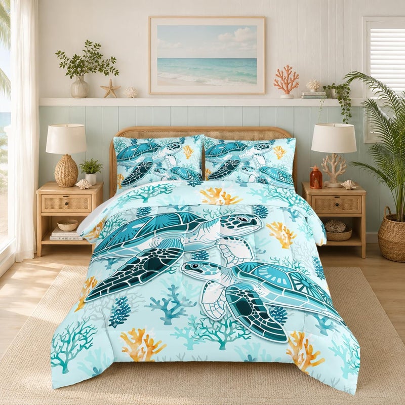 HOSIMA Sea Turtle Comforter Set,Coastal Beach Themed Bedroom Comforter Set Queen Size for Kids Teen Girls Boys Room Decor,Turtle Twin Bed in a Bag for Girls with 2 Pillowcases. - Image 1
