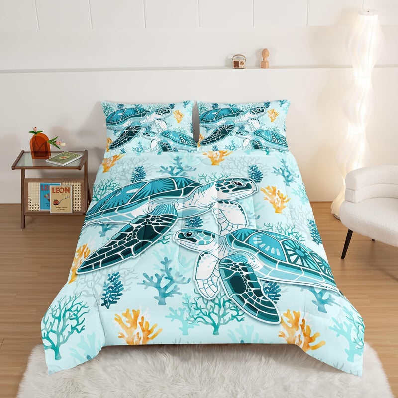 HOSIMA Sea Turtle Comforter Set,Coastal Beach Themed Bedroom Comforter Set Queen Size for Kids Teen Girls Boys Room Decor,Turtle Twin Bed in a Bag for Girls with 2 Pillowcases. - Image 2