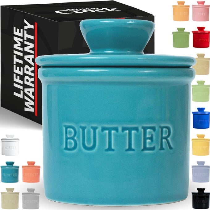 PRIORITYCHEF FRENCH BUTTER CROCK WITH LID GET ON DEMAND SPREADABLE BUTTER CERAMIC BUTTER KEEPER TO LEAVE ON COUNTER WITH WATER LINE TURQUOISE