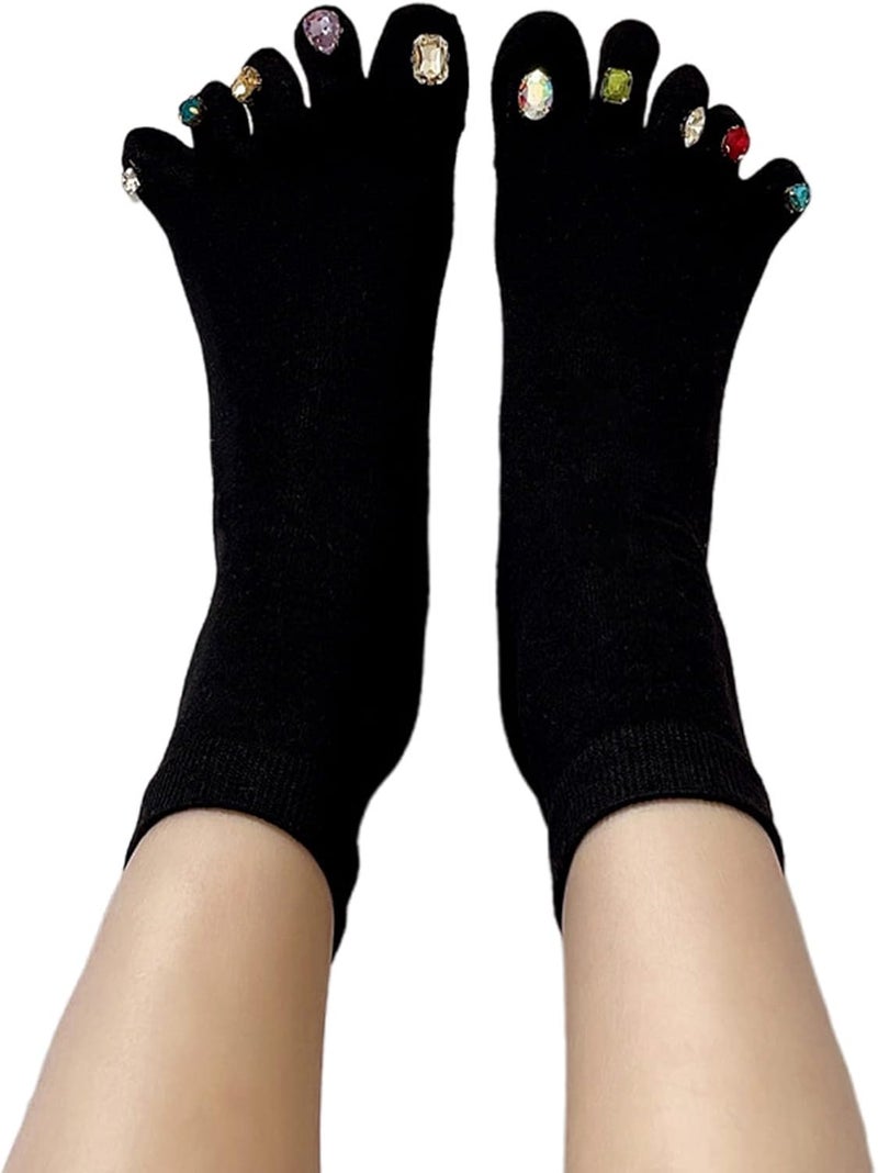 Women's Toe Socks Cotton Crew Five Finger Socks with Rhinestone Ankle Low Cut Socks Breathable Athletic Socks - Image 2