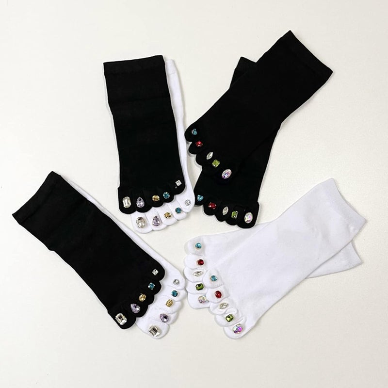 Women's Toe Socks Cotton Crew Five Finger Socks with Rhinestone Ankle Low Cut Socks Breathable Athletic Socks - Image 3