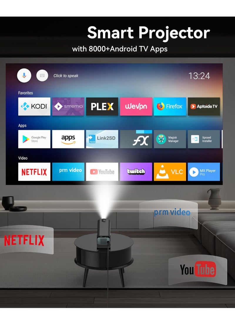 BORTONY - Mini Projector 4K Natvie 1080P Smart Projector Built-in Android TV 11.0 with Wifi and Bluetooth Auto Keystone Projector 10000 Lumens180 Degree Rotation Short Throw Projector - Image 1