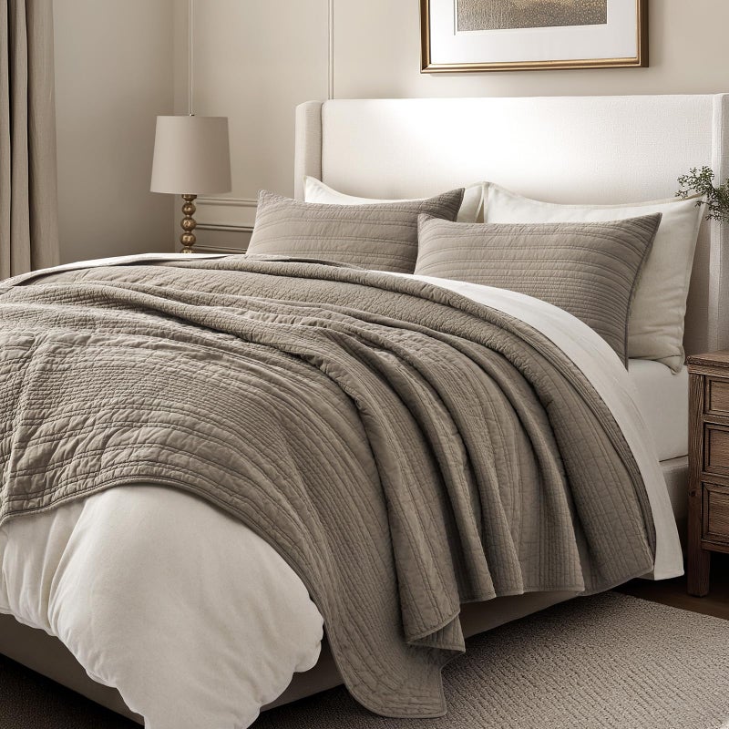 EVERGRACEHOME 100% Cotton Modern Lines Quilt Set King Size, Pre-Washed Soft Striped Coverlet Bedspread, 3 Piece Lightweight Bedding Set for All Season, with 2 Pillow Shams, Stone Taupe - Image 5
