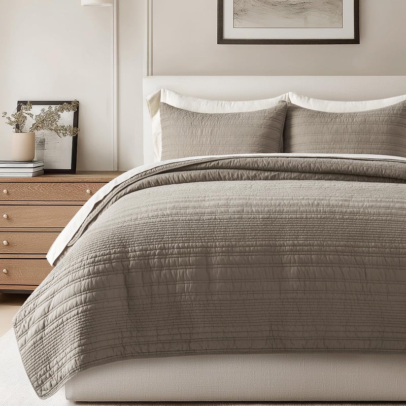 EVERGRACEHOME 100% Cotton Modern Lines Quilt Set King Size, Pre-Washed Soft Striped Coverlet Bedspread, 3 Piece Lightweight Bedding Set for All Season, with 2 Pillow Shams, Stone Taupe - Image 1