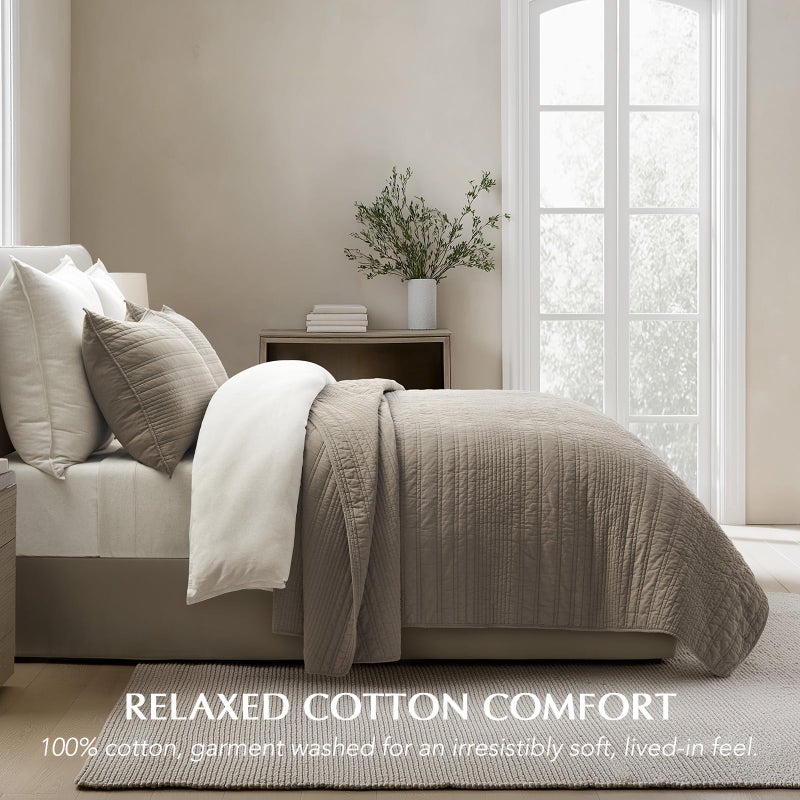 EVERGRACEHOME 100% Cotton Modern Lines Quilt Set King Size, Pre-Washed Soft Striped Coverlet Bedspread, 3 Piece Lightweight Bedding Set for All Season, with 2 Pillow Shams, Stone Taupe - Image 2