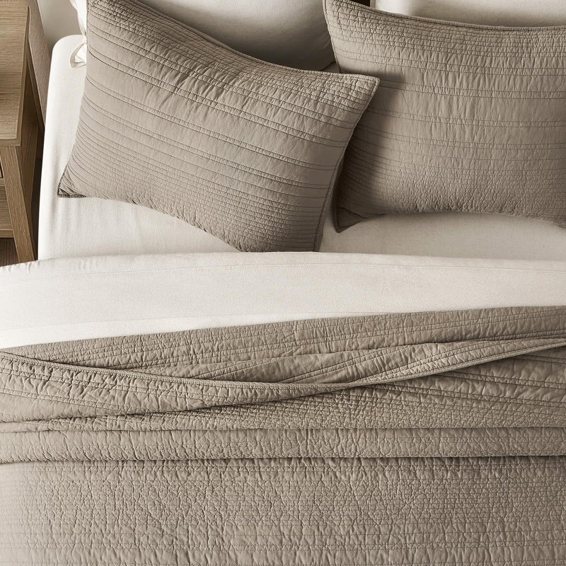 EVERGRACEHOME 100% Cotton Modern Lines Quilt Set King Size, Pre-Washed Soft Striped Coverlet Bedspread, 3 Piece Lightweight Bedding Set for All Season, with 2 Pillow Shams, Stone Taupe - Image 3