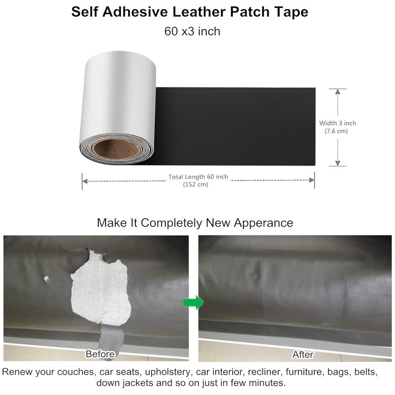 ILOFRI Self Adhesive Leather Repair Patch Tape 3x60 inch, Vinyl and Leather Repair Kit for Couches, Furniture, Car Seat, Boat Seat, Sofa, Vinyl Upholstery, Chair, Interior - Dark Black - Image 2