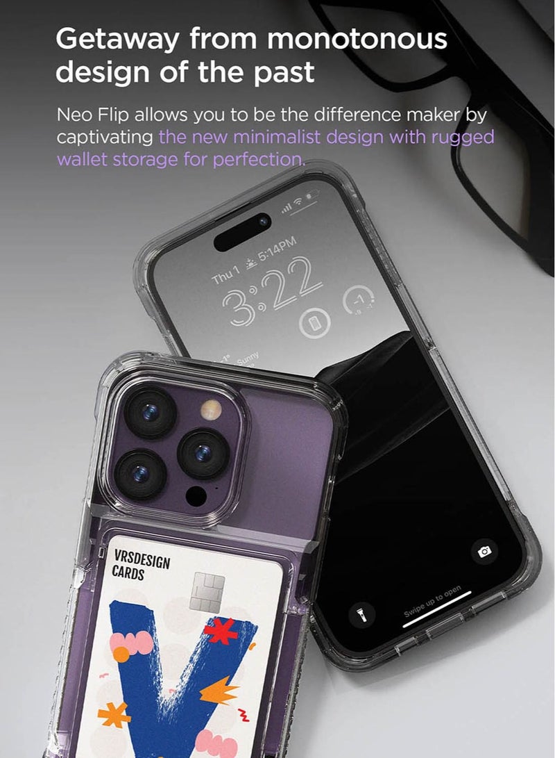 VRS Design Neo Flip iPhone 14 PRO Case Cover Wallet with Semi Automatic Snap Door Credit Card Holder Slot [2 Cards] - White Crystal  - Image 5