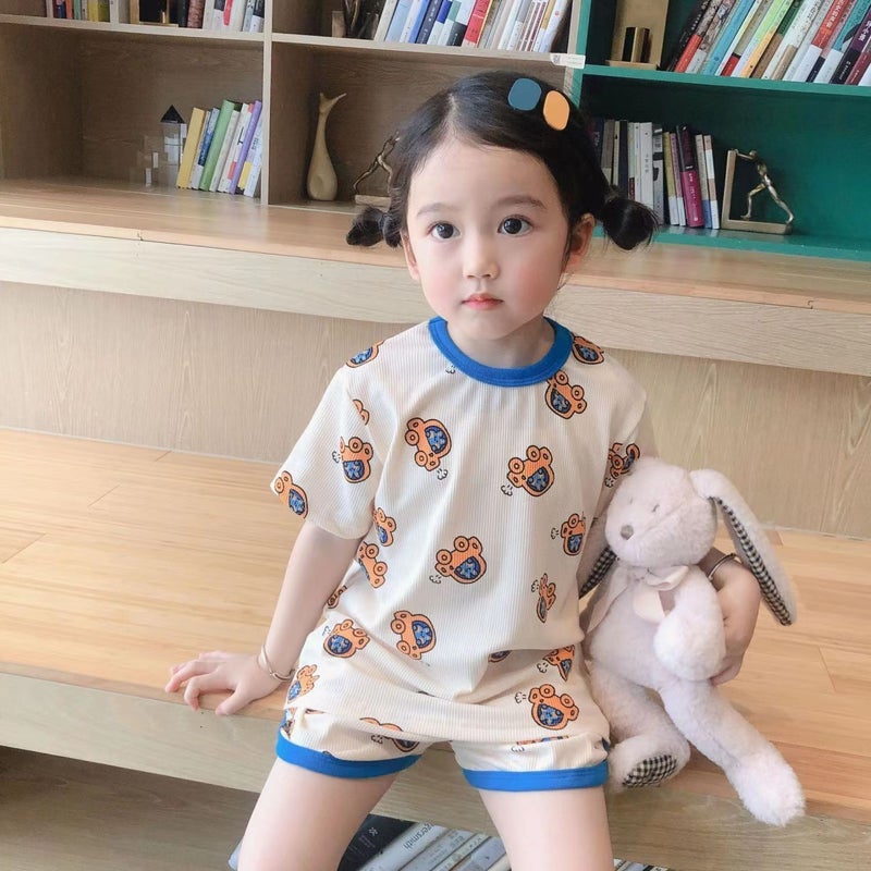 Kids Ice Silk Pajama Set Cool Summer Short Sleeve 610# Blue Collar 
