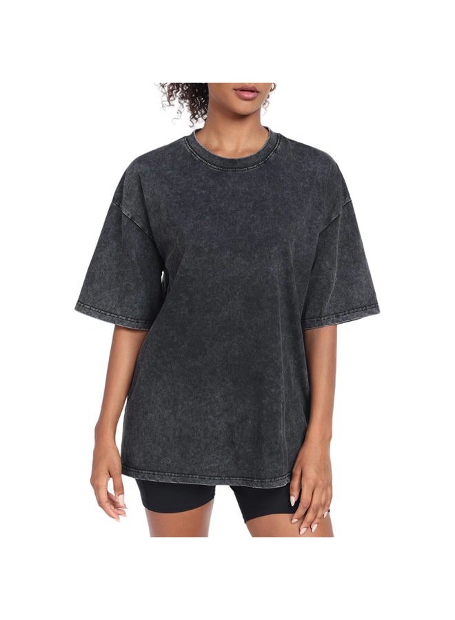 SnowElve Womens Washed Vintage Oversized T-Shirt Baggy Workout Tops Short Sleeve Cotton Tshirts Streetwear Boyfriend Tee, Black, 3XL - Image 1
