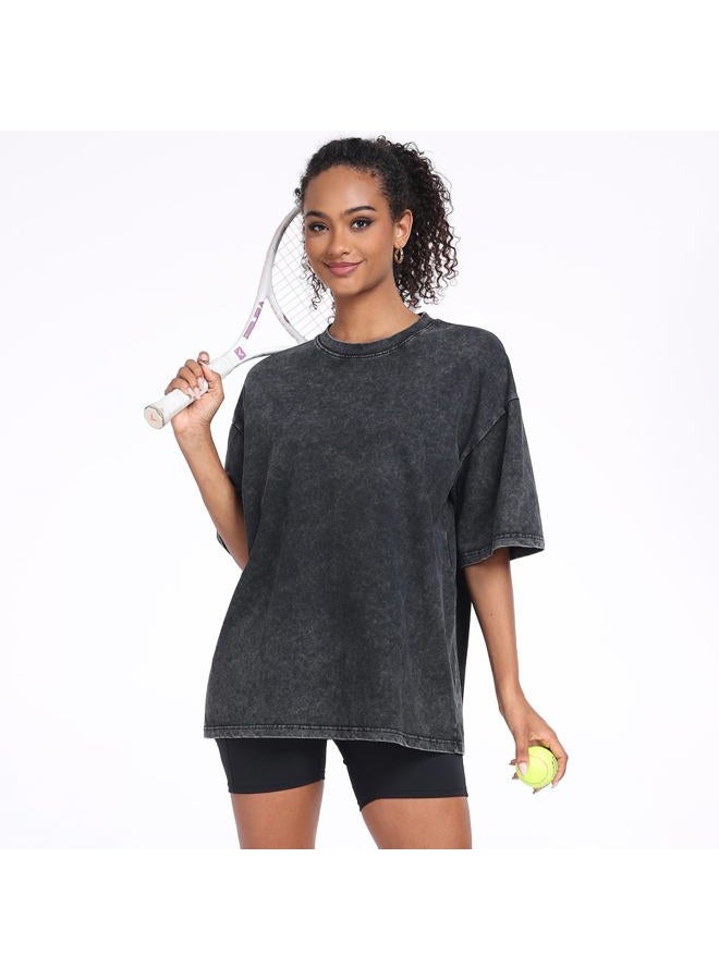 SnowElve Womens Washed Vintage Oversized T-Shirt Baggy Workout Tops Short Sleeve Cotton Tshirts Streetwear Boyfriend Tee, Black, 3XL - Image 3