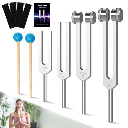 DiDiBirDi Tuning Fork Set 4pcs (128Hz, 256Hz, 512Hz, 1024Hz) with Activator & Pouch – Weighted & Unweighted Sound Healing Tools for Meditation, Yoga, Stress Relief, Chakra Balance & Space Clearing - Image 1