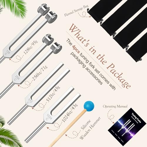 DiDiBirDi Tuning Fork Set 4pcs (128Hz, 256Hz, 512Hz, 1024Hz) with Activator & Pouch – Weighted & Unweighted Sound Healing Tools for Meditation, Yoga, Stress Relief, Chakra Balance & Space Clearing - Image 2