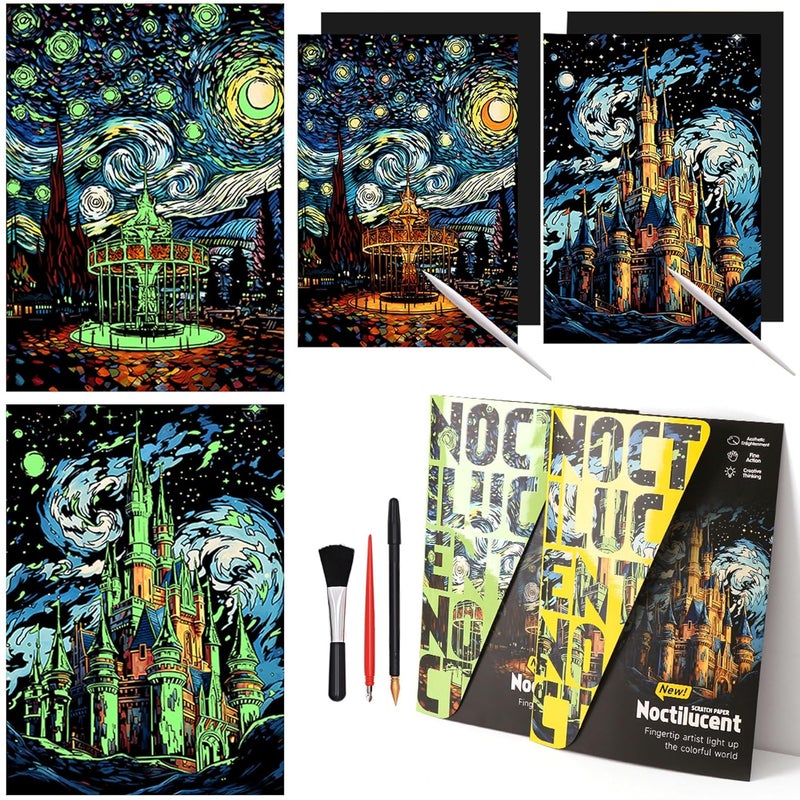 Scratchboard Art for AdultLuminousScratch Painting Kits for Adults Noctilucent Arts and Crafts for Teens with Scratchboard Tools 16x112 Rainbow PaintingAmusement Park Beautiful Castle