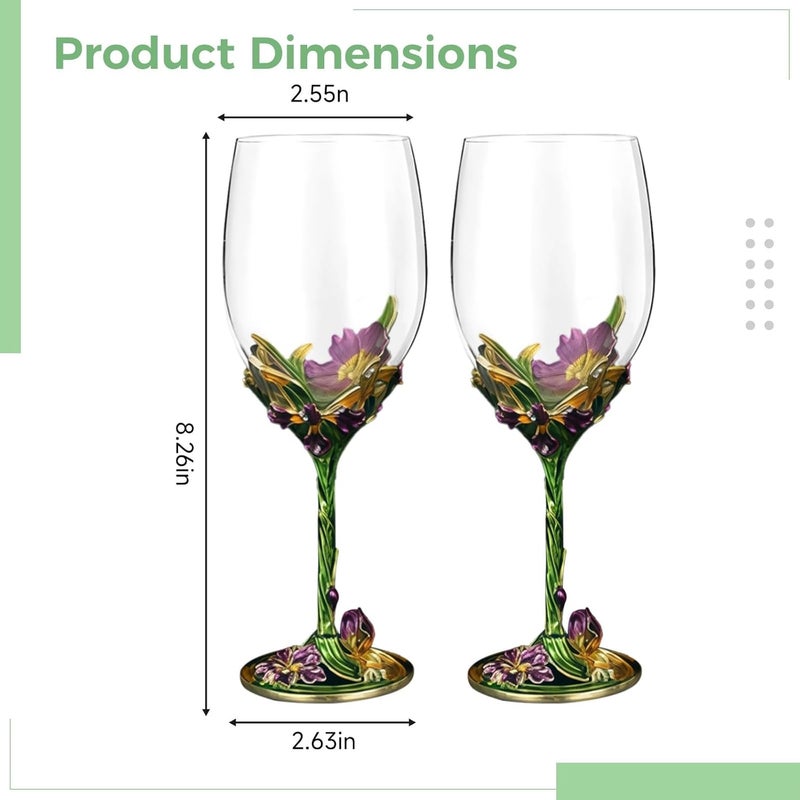 Crystal Wine Glasses, 2 Pcs Floral Design, Green Iris Foot, Gift-Ready - Image 4