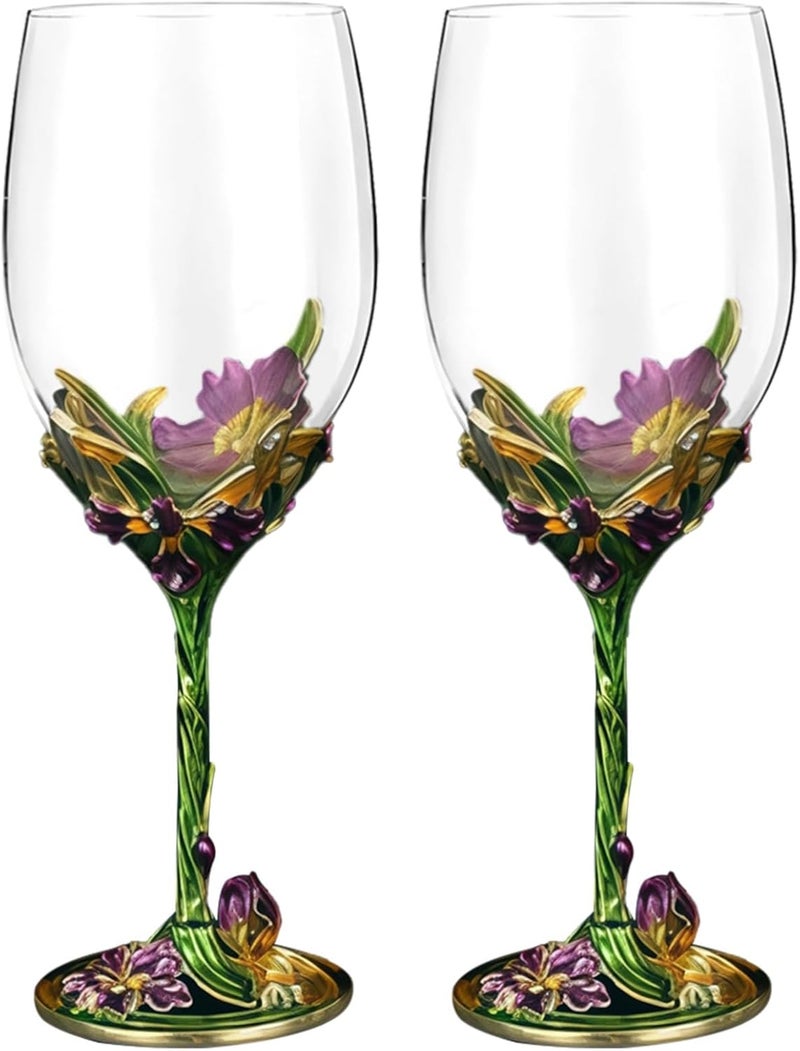 Crystal Wine Glasses, 2 Pcs Floral Design, Green Iris Foot, Gift-Ready - Image 1
