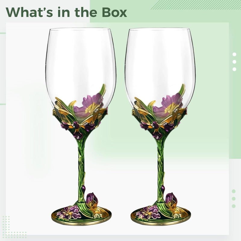 Crystal Wine Glasses, 2 Pcs Floral Design, Green Iris Foot, Gift-Ready - Image 5