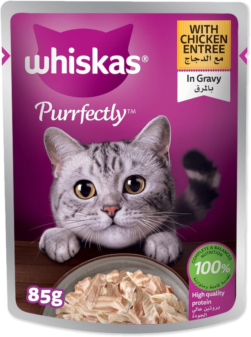 Whiskas Purrfectly Cat Food, Chicken Entree in Gravy, 85g, Wet Food, for Adult Cats 1+ Years, Wet 100% Complete and Balanced Nutrition - Image 1