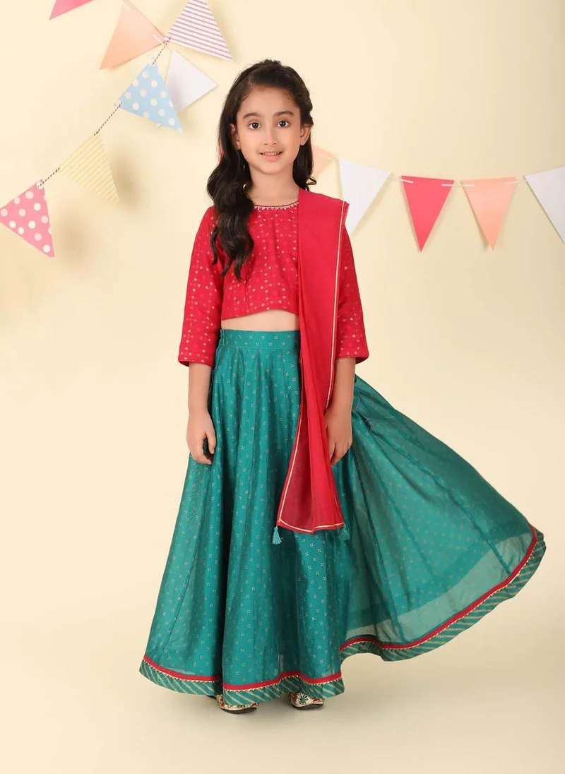 فاب انديا Teal Cotton Silk Hand Block Printed 3pc Lehenga Set