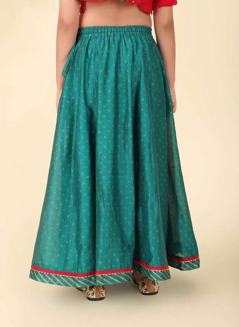 Fabindia Teal Cotton Silk Hand Block Printed 3pc Lehenga Set