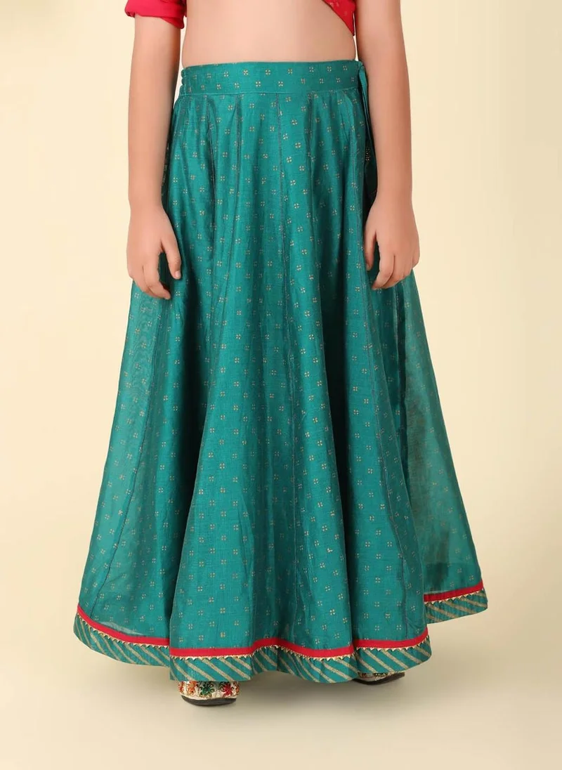 Fabindia Teal Cotton Silk Hand Block Printed 3pc Lehenga Set