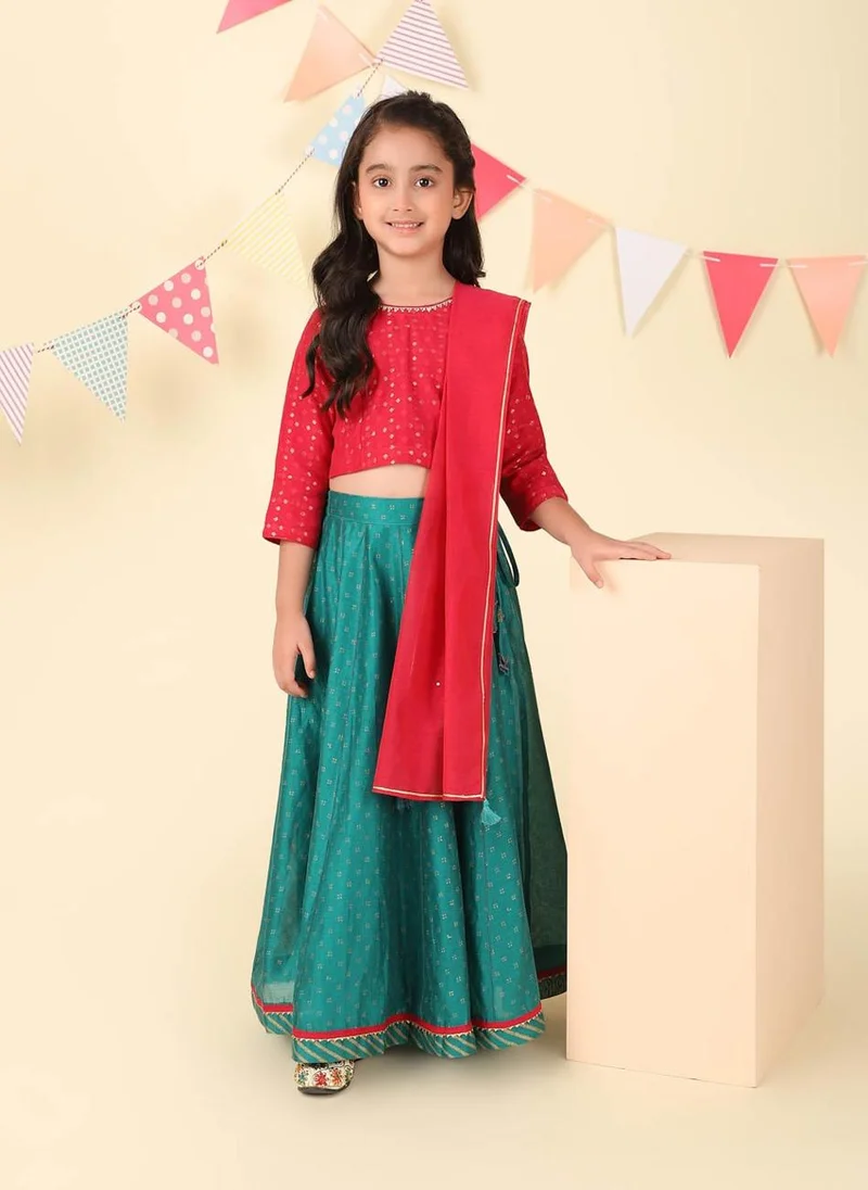 Fabindia Teal Cotton Silk Hand Block Printed 3pc Lehenga Set