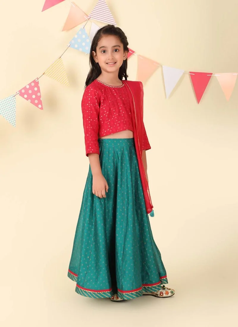Fabindia Teal Cotton Silk Hand Block Printed 3pc Lehenga Set