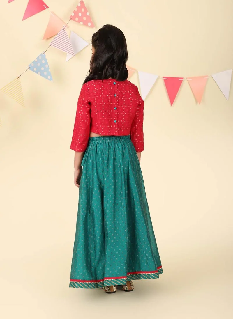 فاب انديا Teal Cotton Silk Hand Block Printed 3pc Lehenga Set