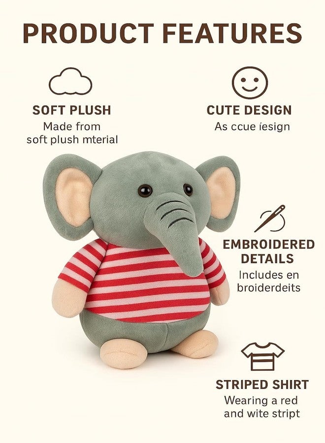 Fun4you Plush Elephant Stuffed Animal Toy with Blue Striped T-Shirt, Soft Toy for Kids, Grey (red) - Image 2