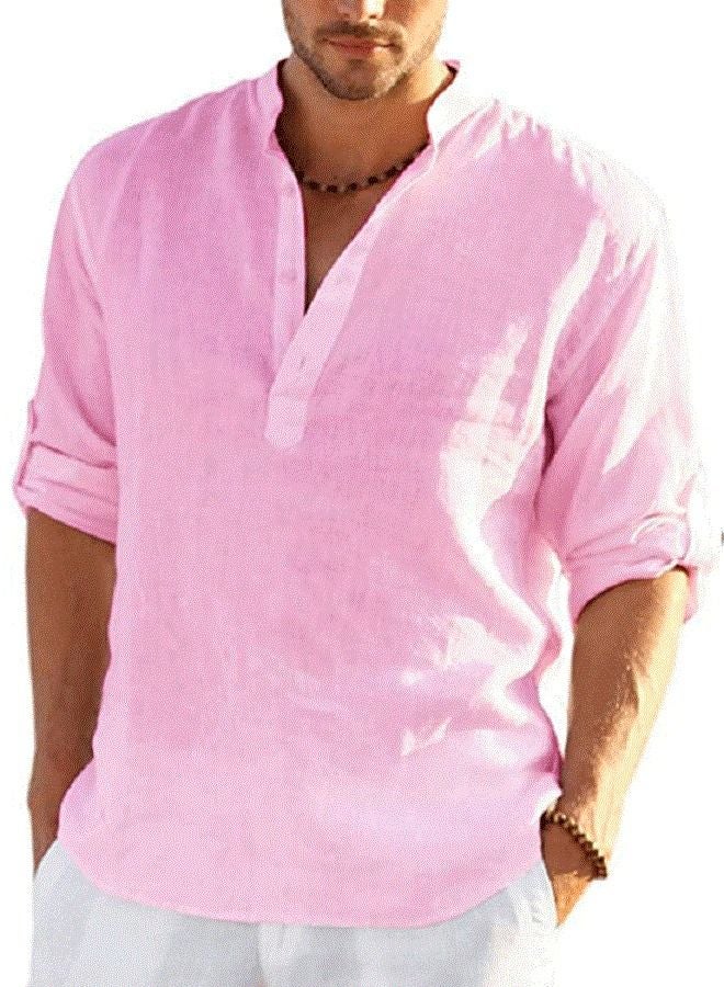 NIBEMINENT Men's Long Sleeve Loose Solid Color Linen Shirt Pink 
