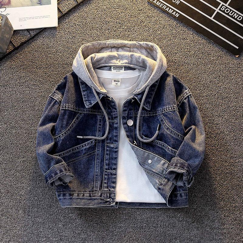 Boys' Denim Coat Style Children'S Denim Hooded Top Children'S Fleece-Lined Thick Coat - Image 3