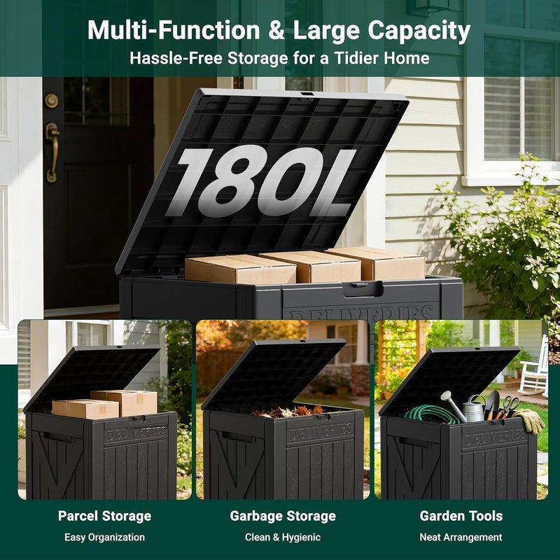 180L Large Resin Deck Box Lockable Storage Box Indoor Outdoor Use | Heavy Duty Storage Box Waterproof Container for Patio Furniture Outdoor Cushions Garden Tools Large Outdoor Storage Box - Image 4